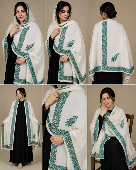 Premium Kashmiri Aari Embroidered Wool Shawl for Women – Ivory Green
