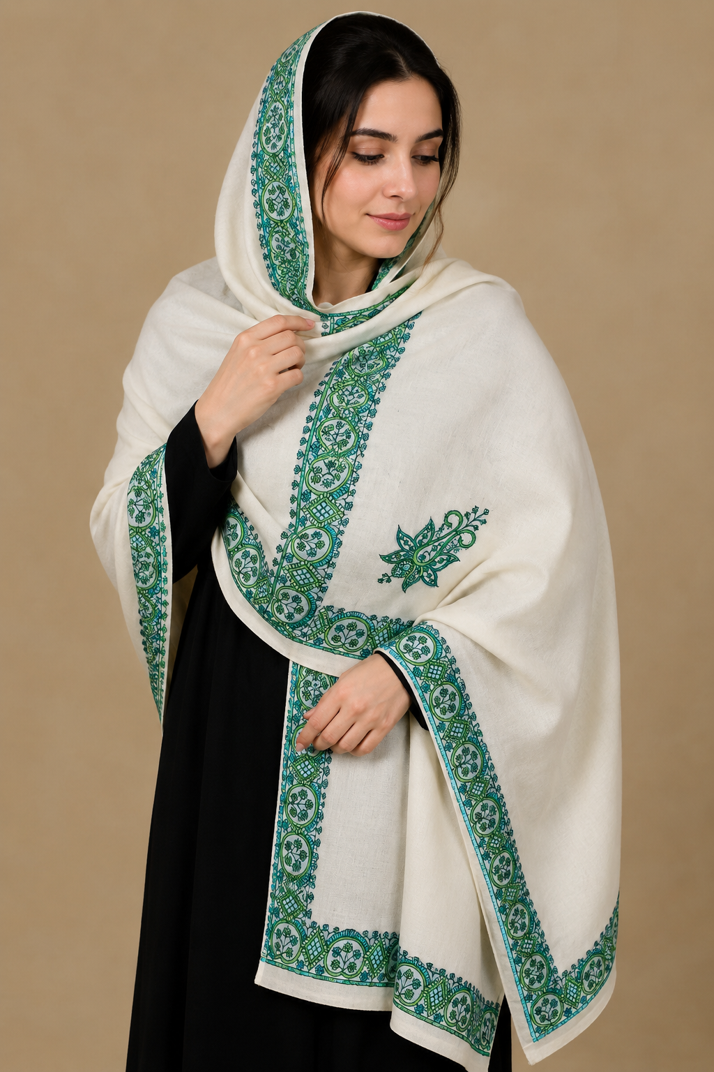 Premium Kashmiri Aari Embroidered Wool Shawl for Women – Ivory Green