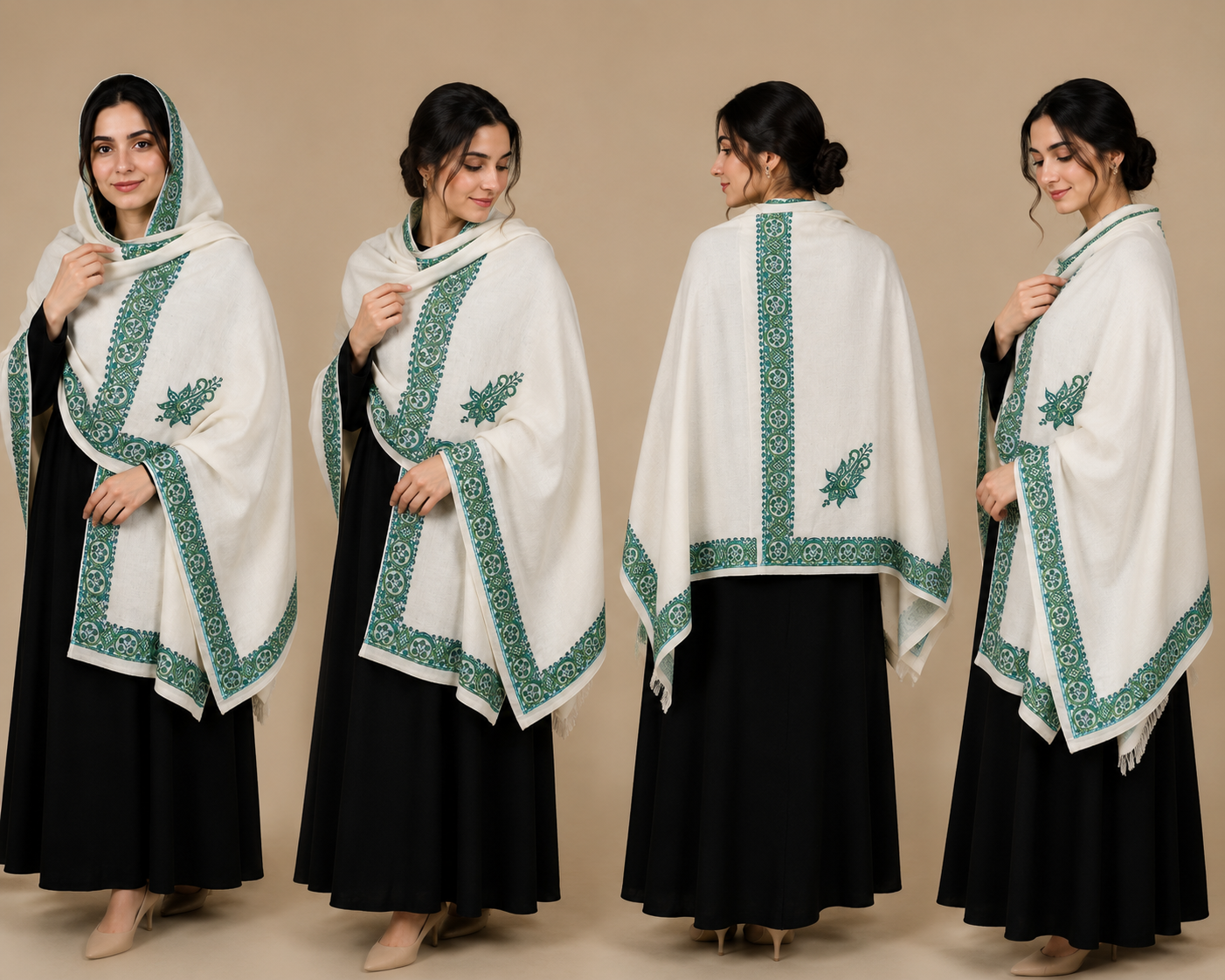 Premium Kashmiri Aari Embroidered Wool Shawl for Women – Ivory Green